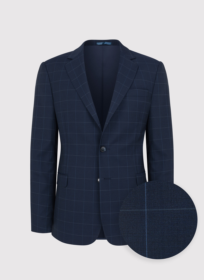 Granatowy garnitur męski w delikatną kratę