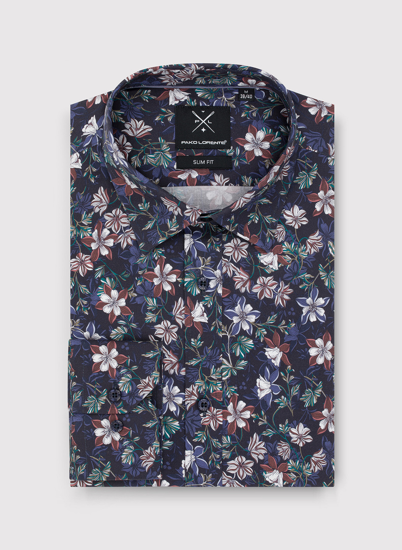 Granatowa koszula męska w kwiaty