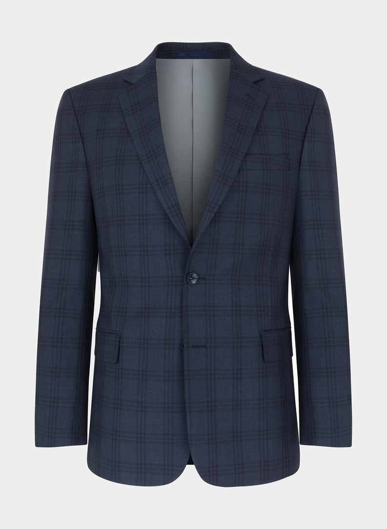 Wełniany granatowy garnitur w kratkę