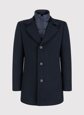 Granatowy płaszcz męski w drobną kratę