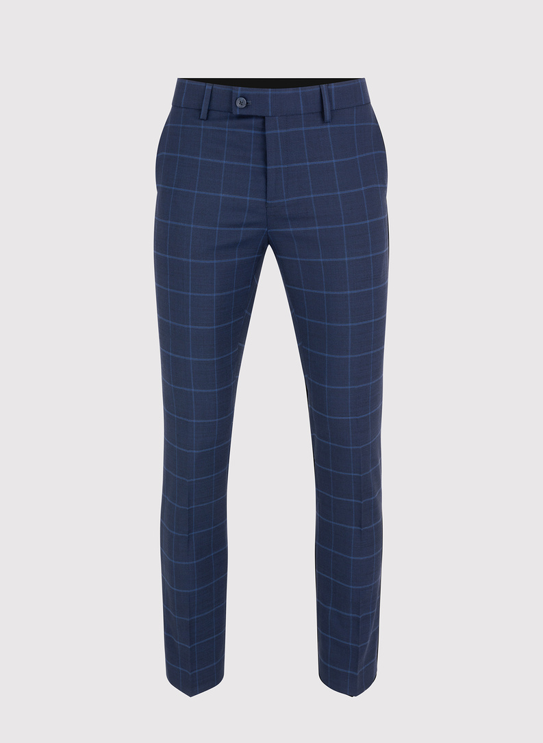 Dwuczęściowy granatowy garnitur męski w niebieską kratę