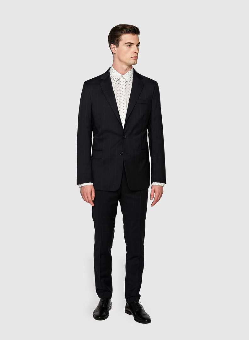 Granatowy wełniany garnitur w kratę