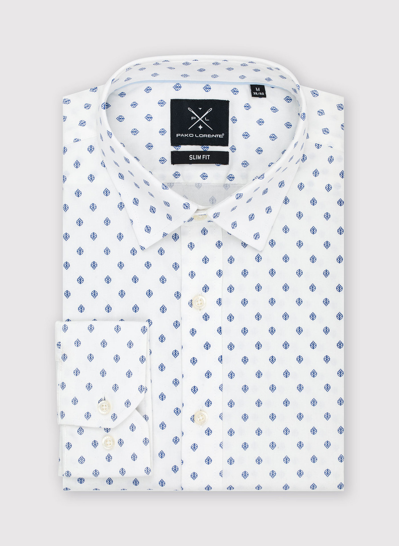 Biała koszula męska w granatowe listki