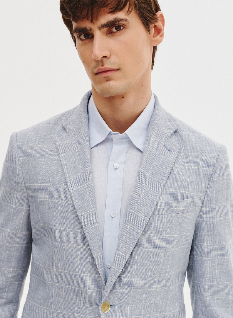 Niebieska marynarka z lnu w kratkę