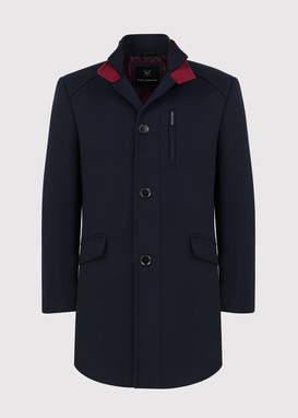 Granatowy płaszcz męski z podwójnym kołnierzem