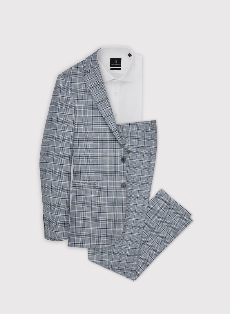 Szary kraciasty garnitur męski