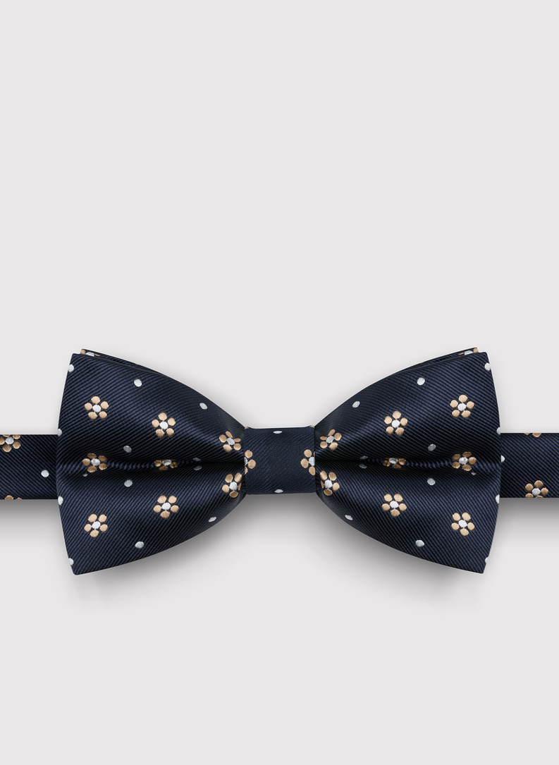 Granatowa mucha męska w srebrne i złote kwiatki i kropki