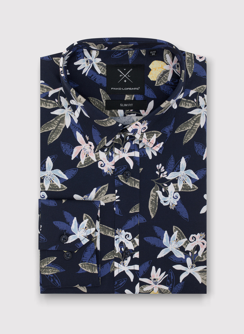 Granatowa koszula męska w kwiaty
