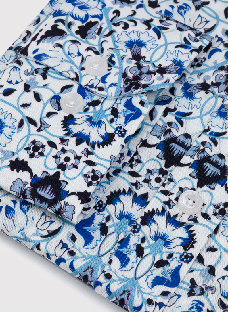 Biała koszula męska w niebieski roślinny wzór