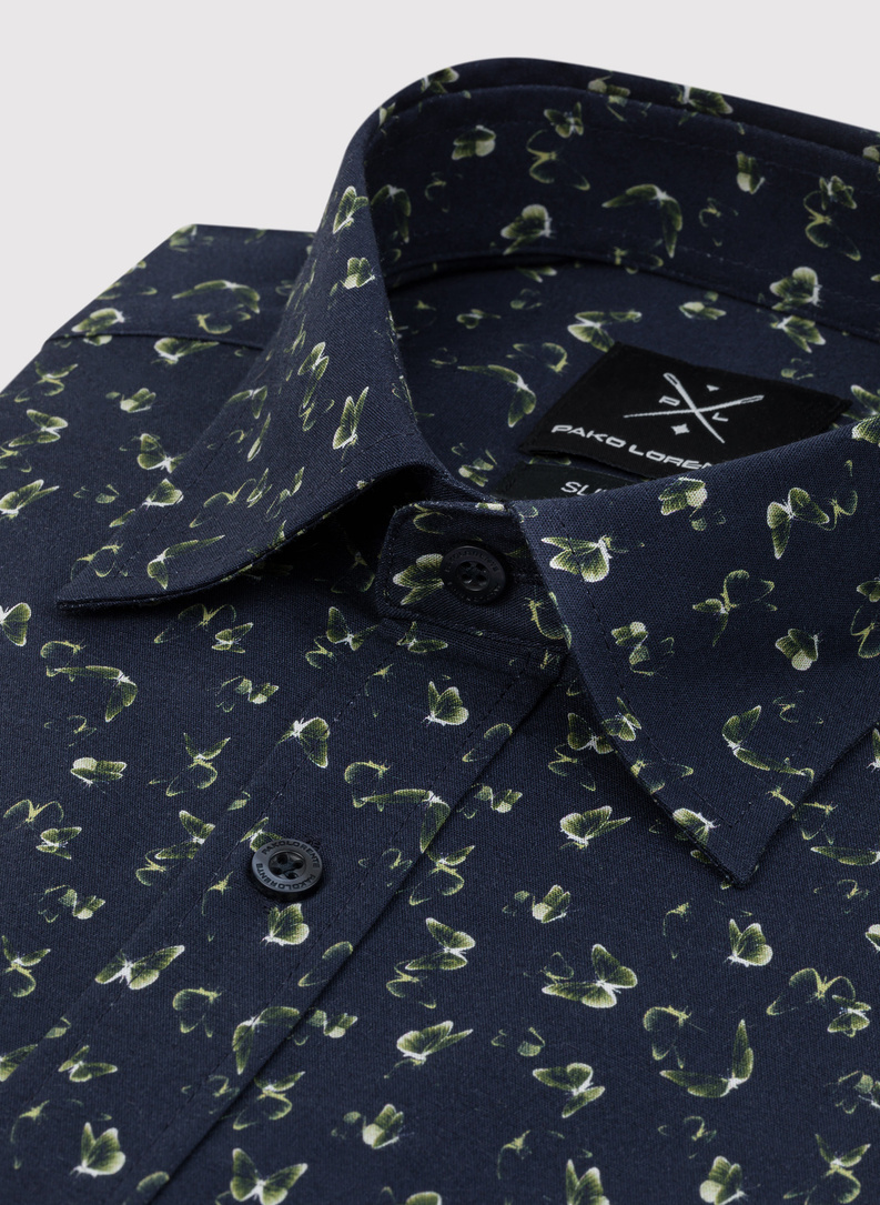 Granatowa koszula męska w zielone motyle