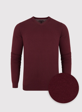 Bordowy gładki sweter męski z dekoltem w serek