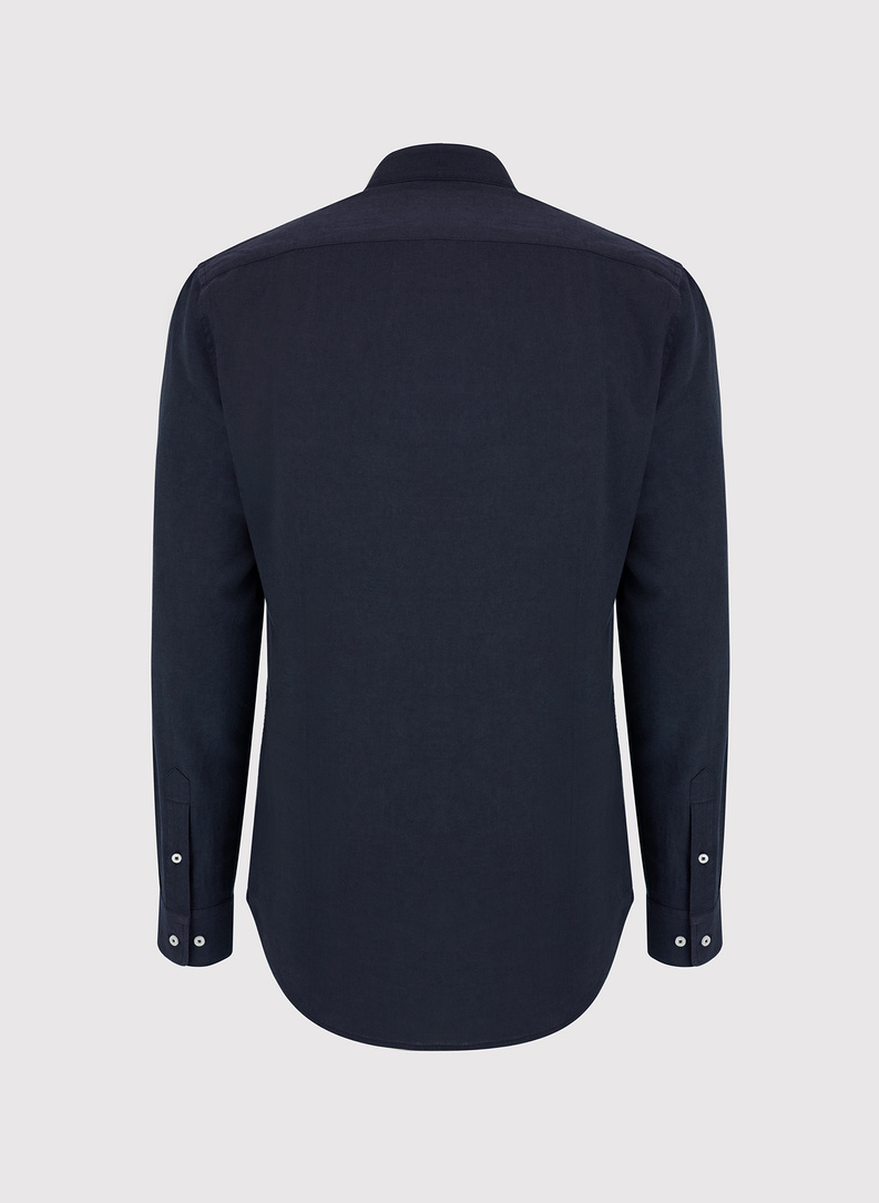 Lniana granatowa koszula męska ze stójką