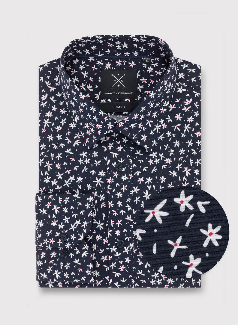 Granatowa koszula męska w kwiatki 