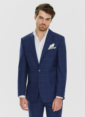 Dwuczęściowy granatowy garnitur męski w czerwono-białą kratę