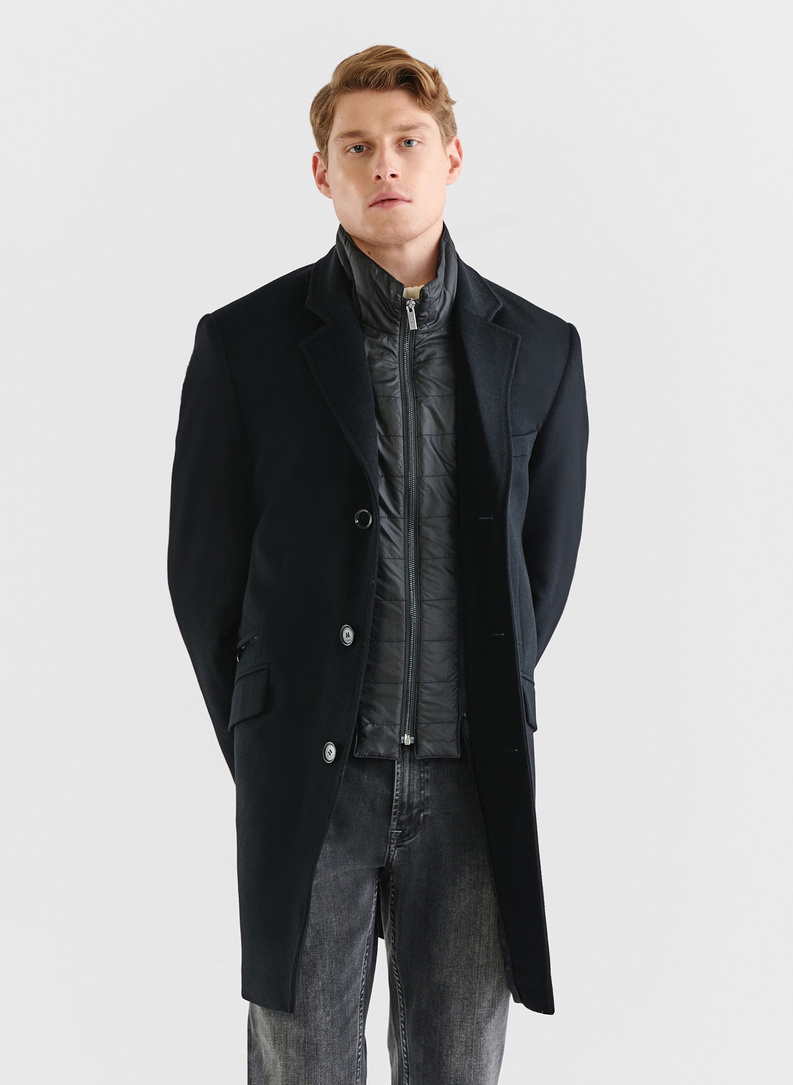 Męski czarny płaszcz z wełną