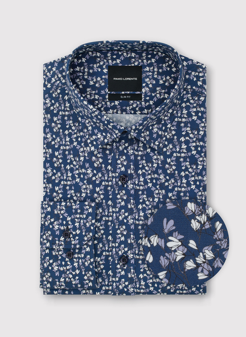 Granatowa koszula męska w kwiaty