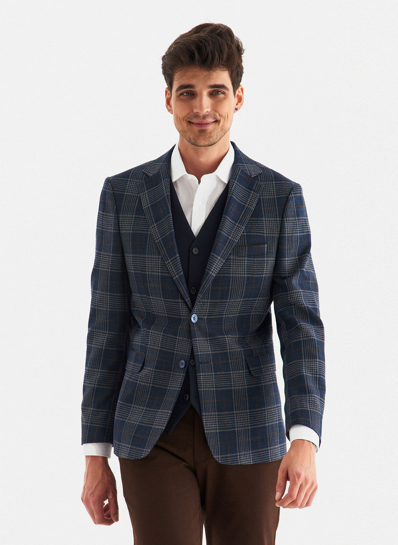 Granatowa casualowa marynarka męska w kratę 