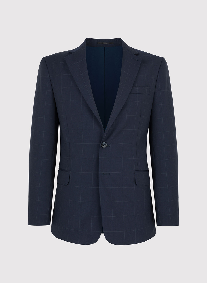 Granatowy wełniany garnitur w kratę