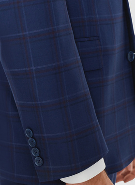 Granatowa marynarka garniturowa w czerwono-niebieską kratkę