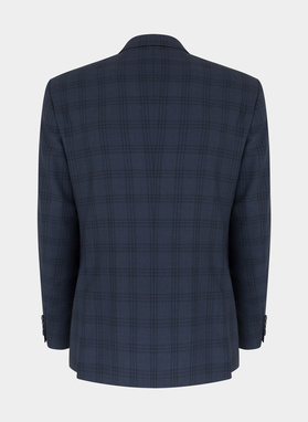 Wełniany granatowy garnitur w kratkę