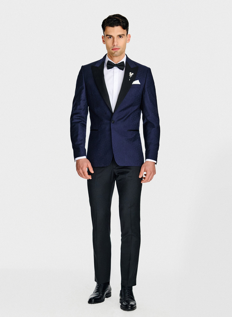 Granatowa żakardowa marynarka smokingowa