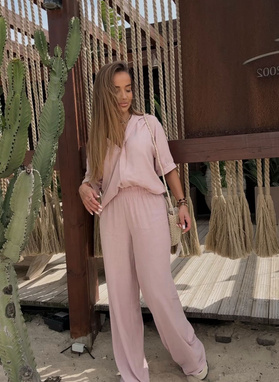 Lniany komplet damski CELEBRYTKA pudrowy róż