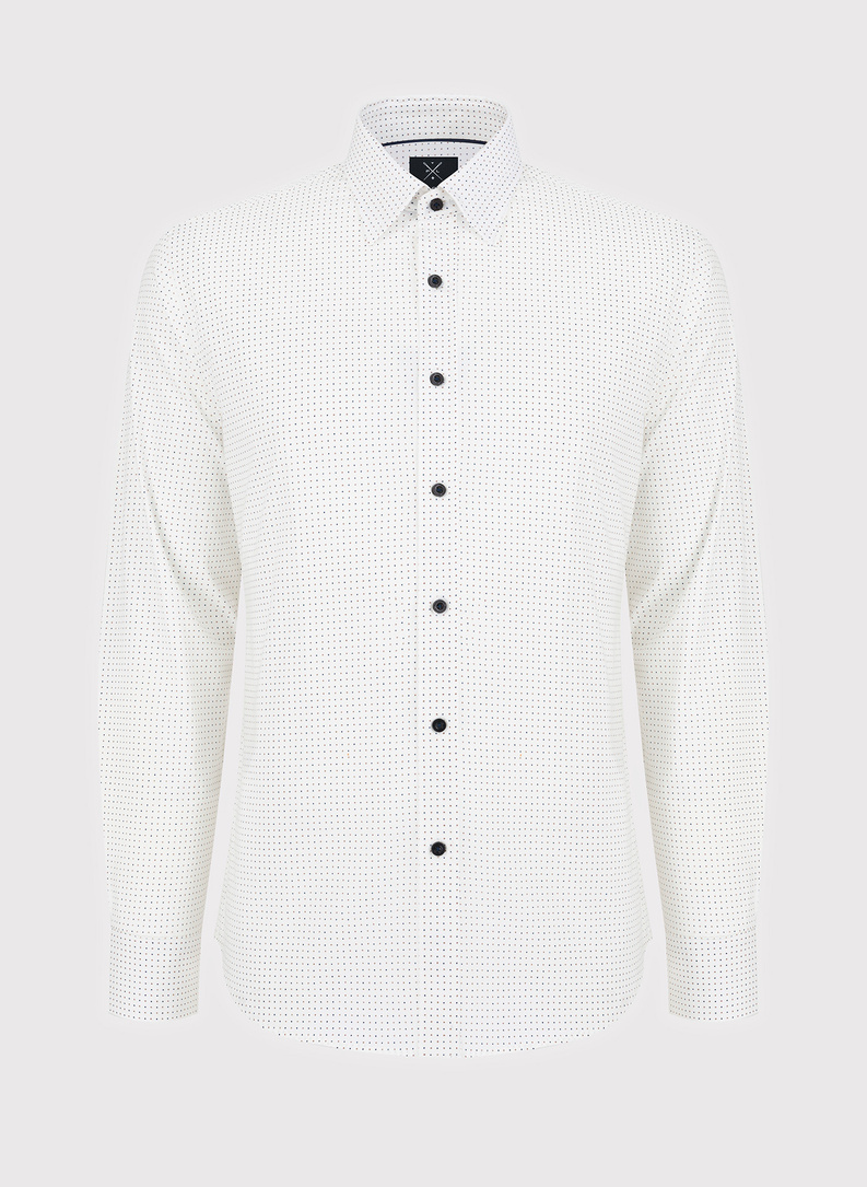 Biała koszula w granatowo-beżowy mikrowzór