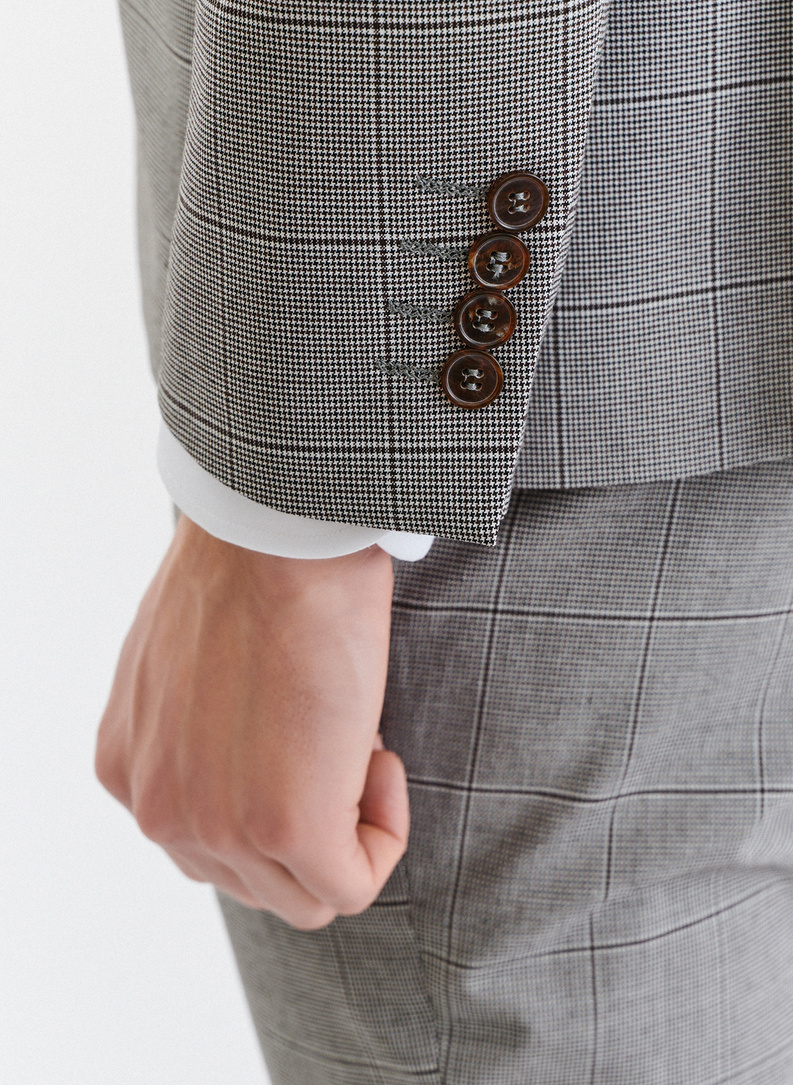 Męska marynarka garniturowa w kratę w brązowych tonach