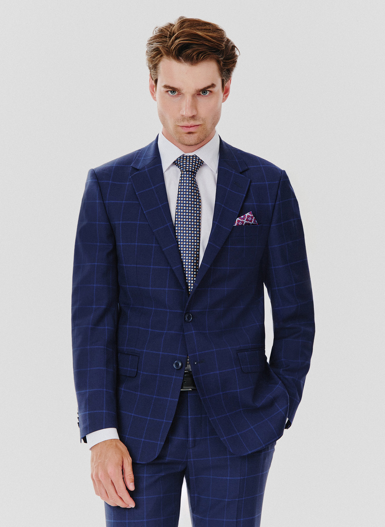 Granatowa marynarka garniturowa w niebieską kratkę
