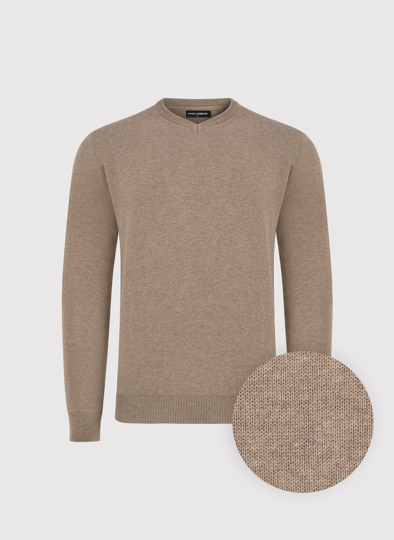 Beżowy męski sweter w serek 