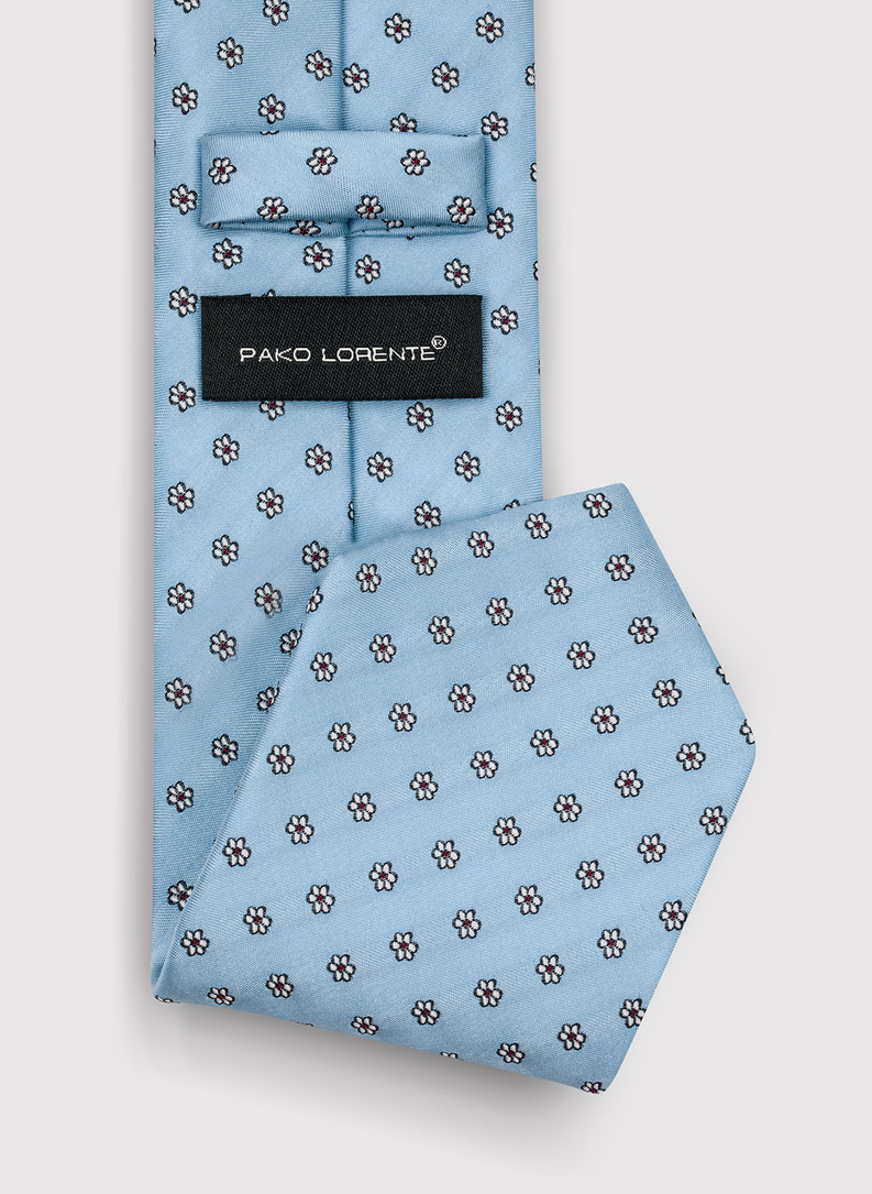 Błękitny krawat męski w drobne kwiatki 