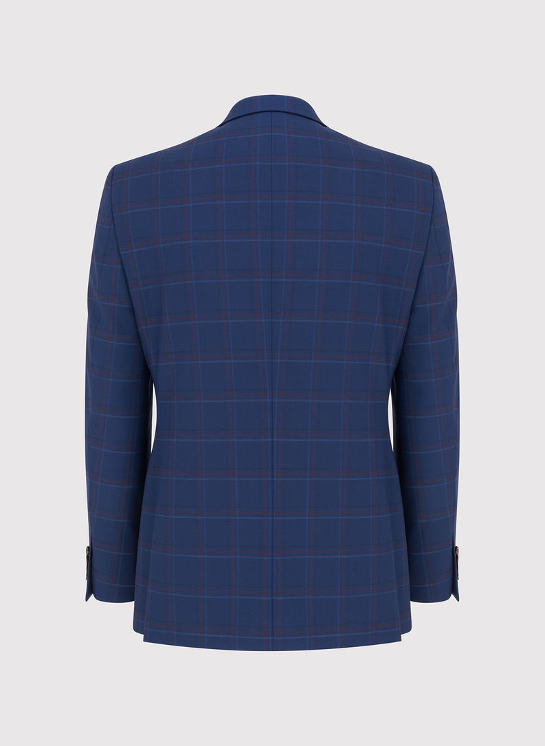 Dwuczęściowy granatowy garnitur męski w czerwono-białą kratę