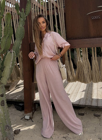 Lniany komplet damski CELEBRYTKA pudrowy róż