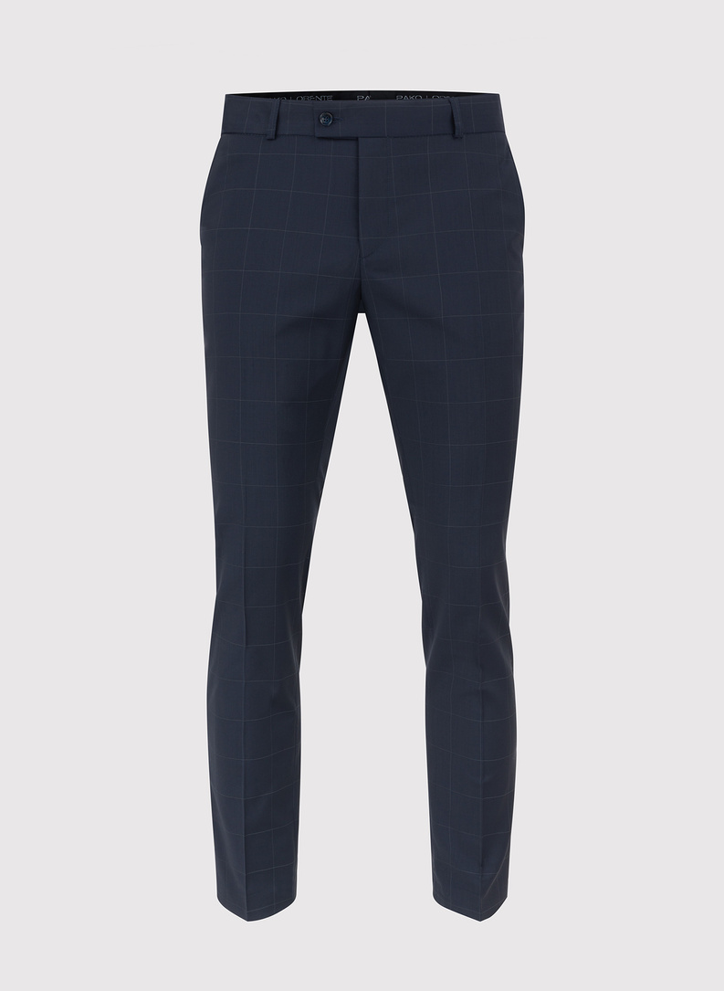 Granatowy garnitur dwurzędowy w subtelną kratę