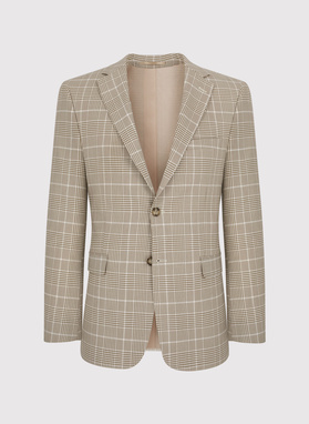 Beżowy garnitur męski w kratkę