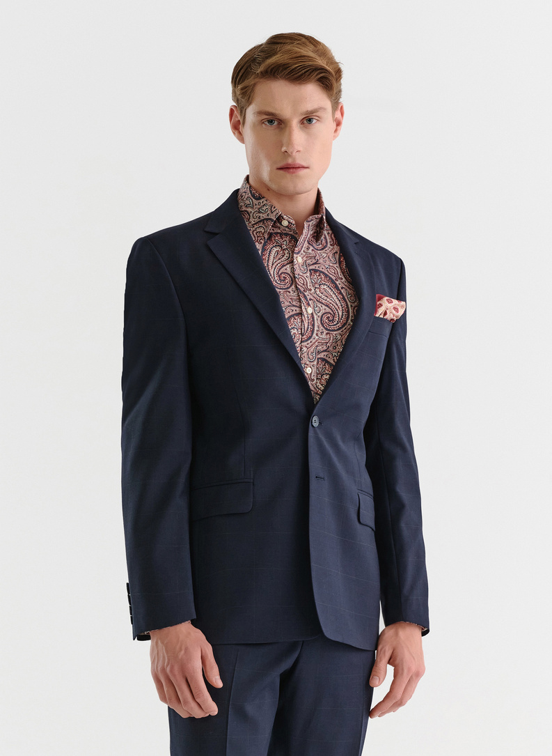 Granatowy garnitur w kratę Windowpane