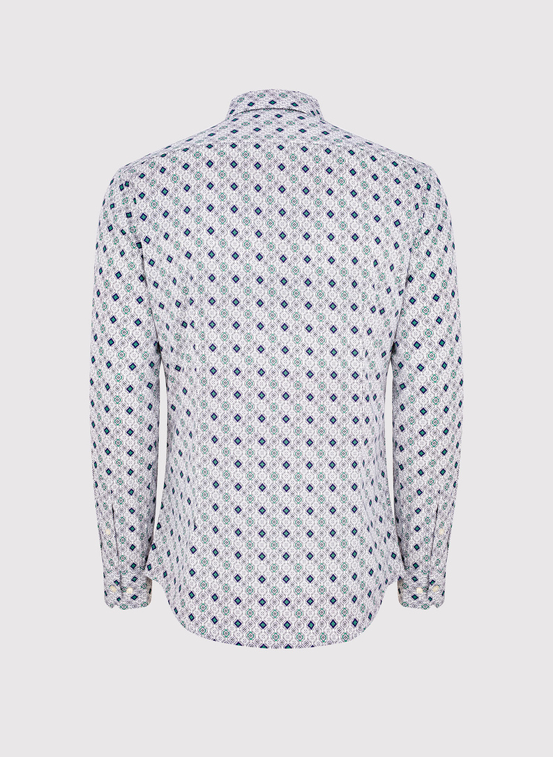 Męska koszula w kolorze białym w granatowo-zielony wzór