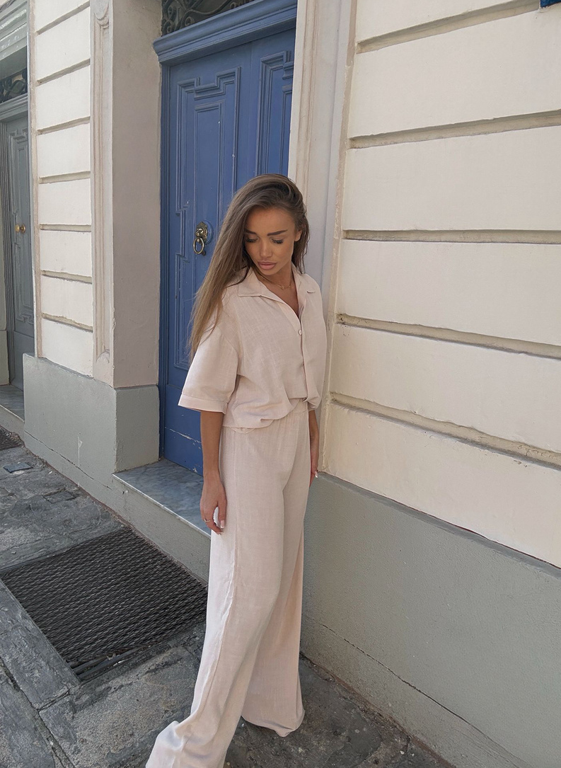 Lniany komplet damski CELEBRYTKA beżowy