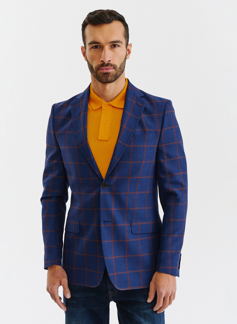 Granatowa casualowa marynarka męska w rudą kratę