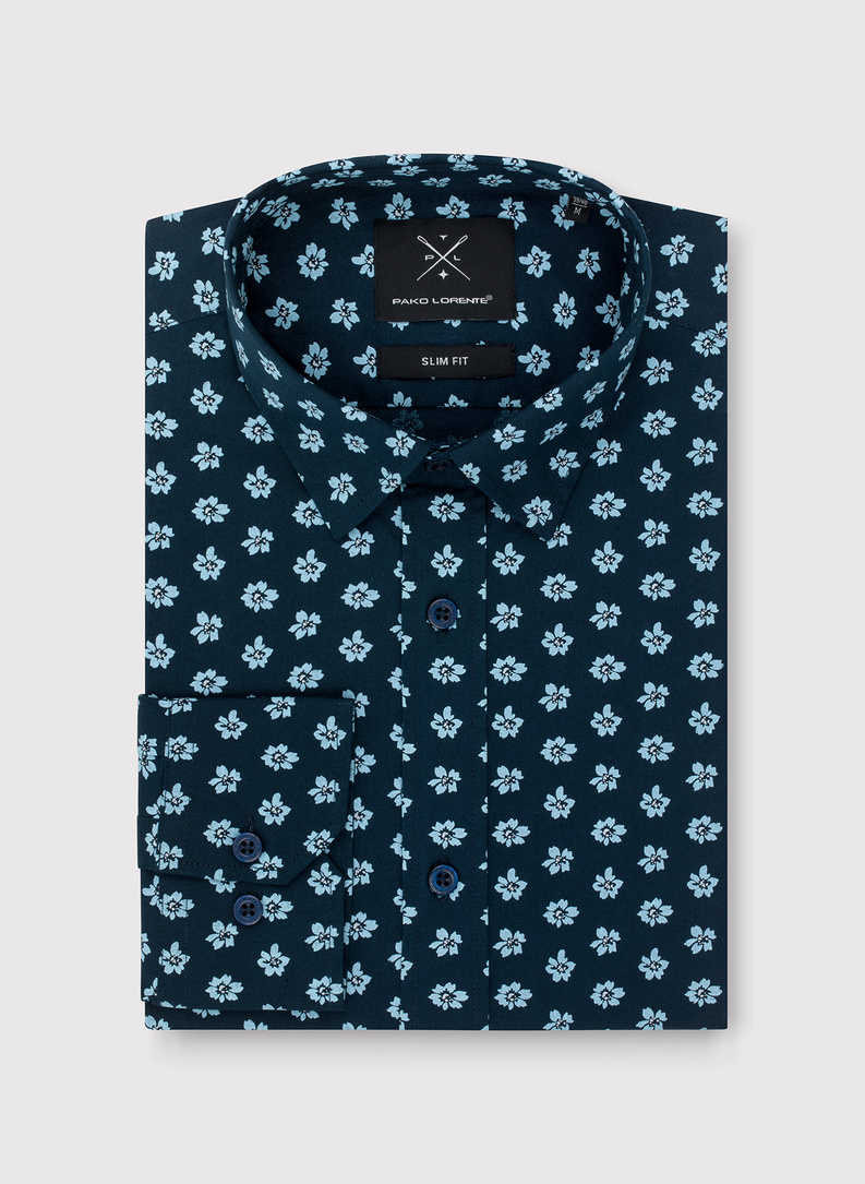 Granatowa koszula męska w kwiaty