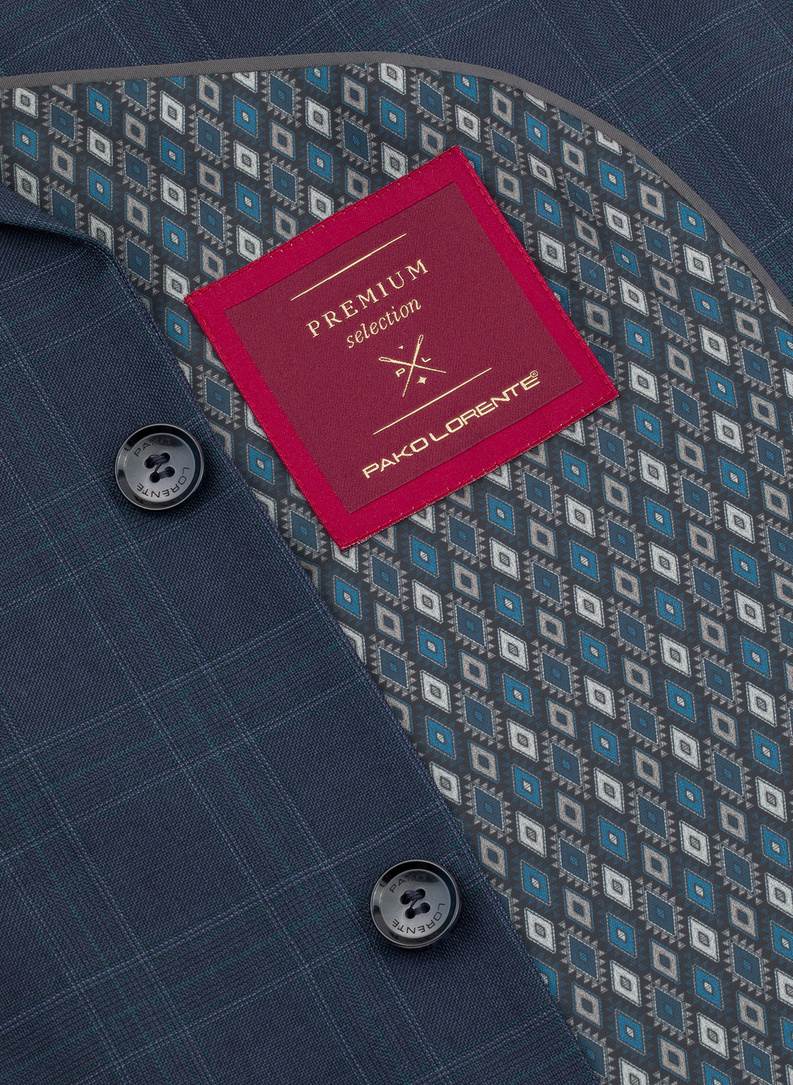 Wełniany granatowy garnitur w subtelną kratkę