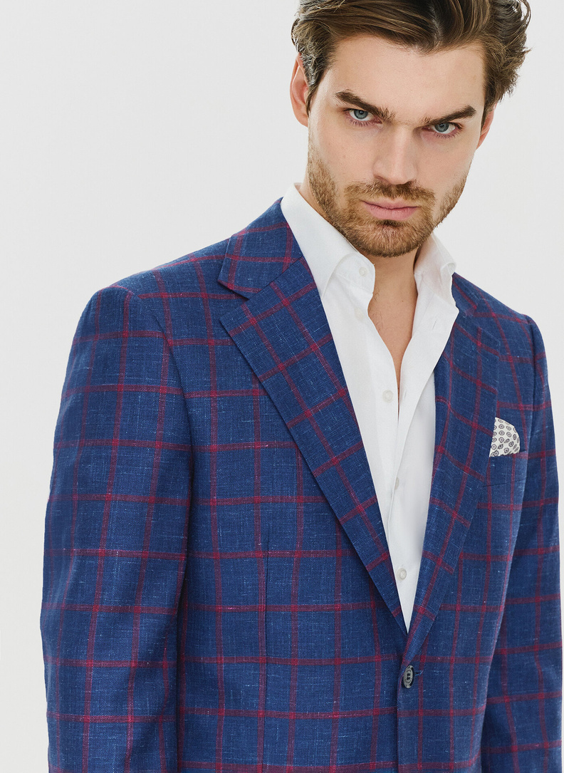 Granatowa marynarka w czerwoną kratę