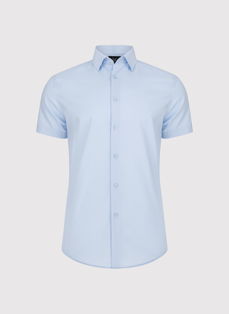 Niebieska bawełniana koszula męska z krótkim rękawem