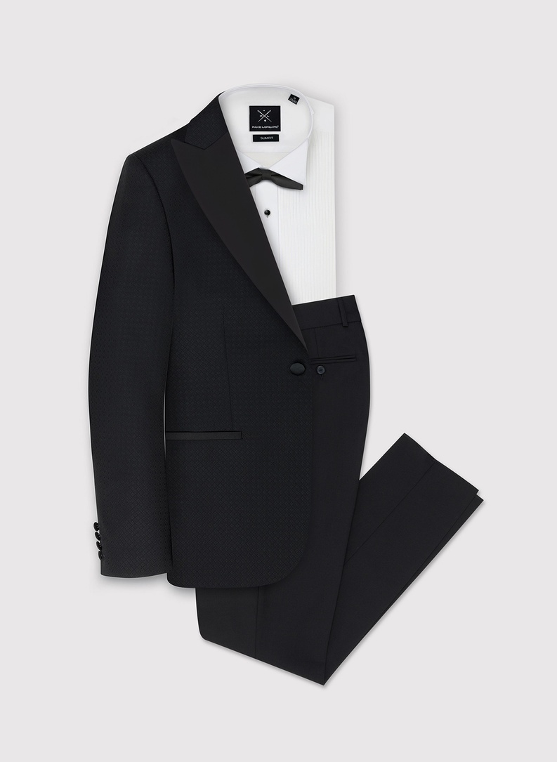 Wełniana czarna marynarka smokingowa w mikrowzór