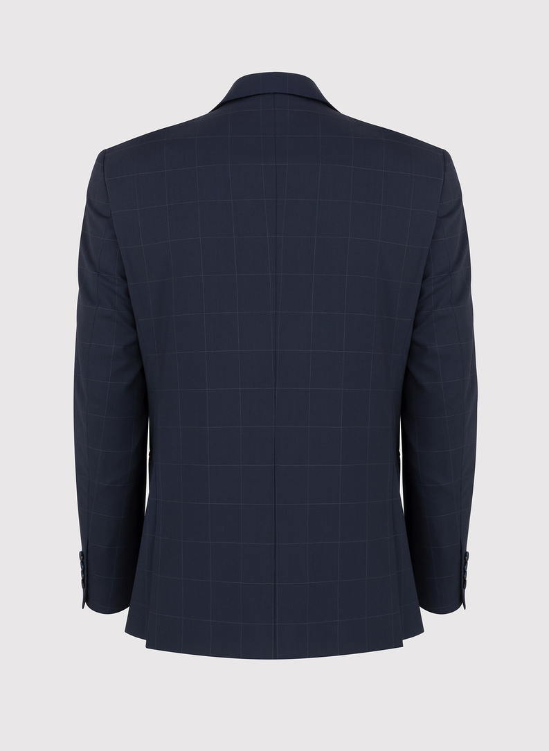 Granatowy garnitur dwurzędowy w subtelną kratę
