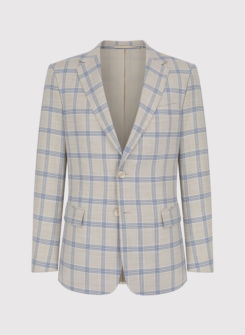 Beżowy garnitur w niebieską kratę