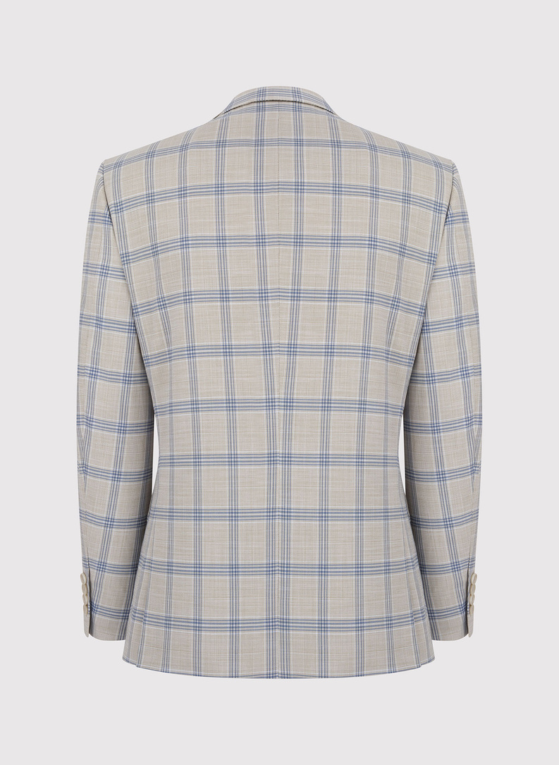 Beżowy garnitur w niebieską kratę