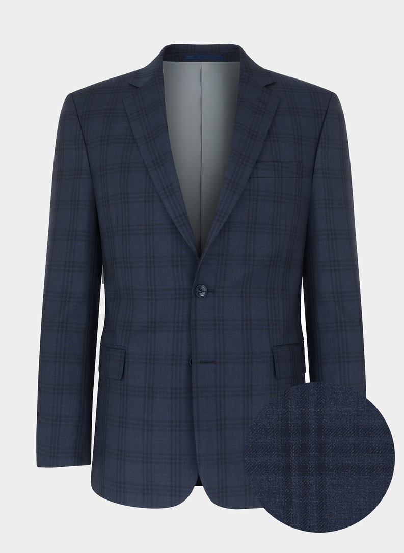 Wełniany granatowy garnitur w kratkę