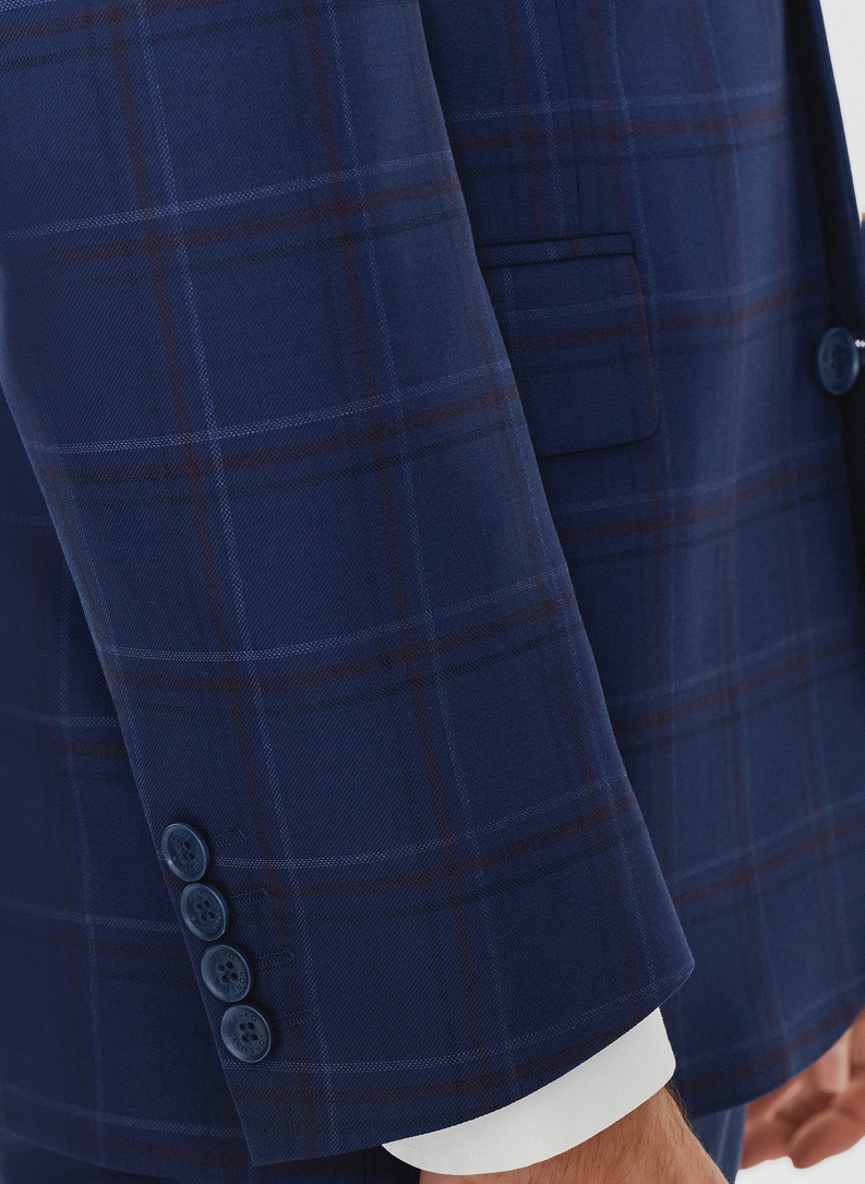 Dwuczęściowy granatowy garnitur męski w czerwono-białą kratę