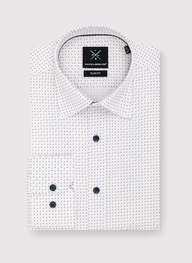 Biała koszula w granatowo-czerwony mikrowzór